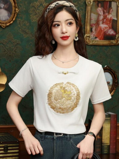 Tシャツ 夏 中国 刺繍 半袖 シャツ レディース ファッション 綿 シャツ トップス 黒 白 プルオーバー レトロ ゆったり ラウンドネック カジュアル Tシャツ 夏 中国 刺繍 半袖 シャツ レディース ファッション 綿 シャツ トップス 黒 白 プルオーバー レトロ ゆったり ラウンドネック カジュアル
