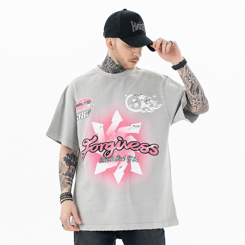 Tシャツ メンズ カジュアル おしゃれ アメリカン レトロ 半袖 シャツ オーバーサイズ ゆったり 夏 ダメージ加工 綿 ラウンドネック