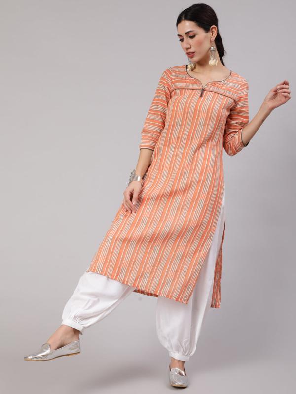 クルタ バンジャビ レディース エスニックファッション 民族衣装 インド 綿 オレンジ 薄手 通気性 夏 ラウンドネック ミドル丈 スタイル エキゾチック ゆったりシルエット シフォンのサムネイル