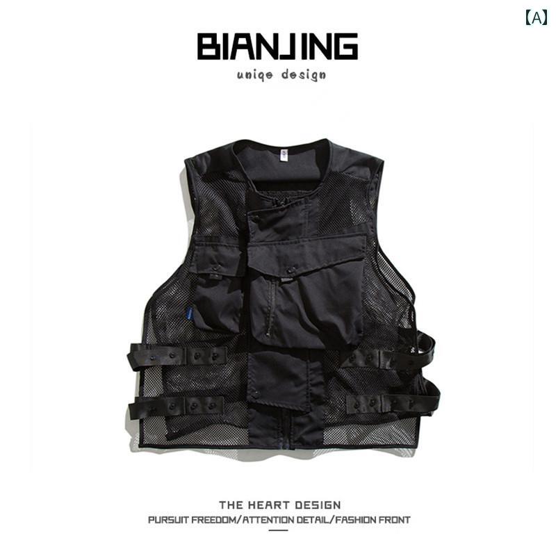 男性 メッシュ ベスト マルチ ポケット ノースリーブ チョッキ 学生 メンズ 夏 シンプル カジュアル