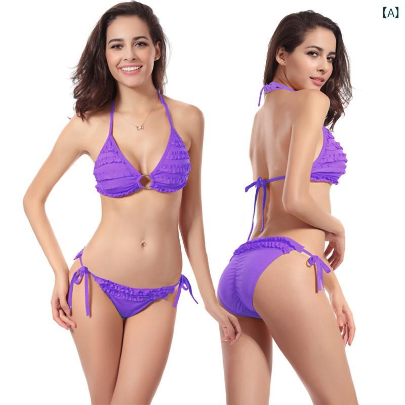夏 フリル ビキニ セクシー 魅惑的 セクシー 水着 リング レディース スイムウェア 上下セット ビーチ 海 プール バカンス リゾート