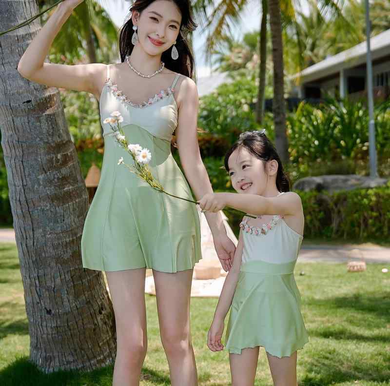 水着 レディース 女の子 ワンピース 緑 リボン スカート 花 ノースリーブ ボレロ付き 羽織 ドレス 親子..