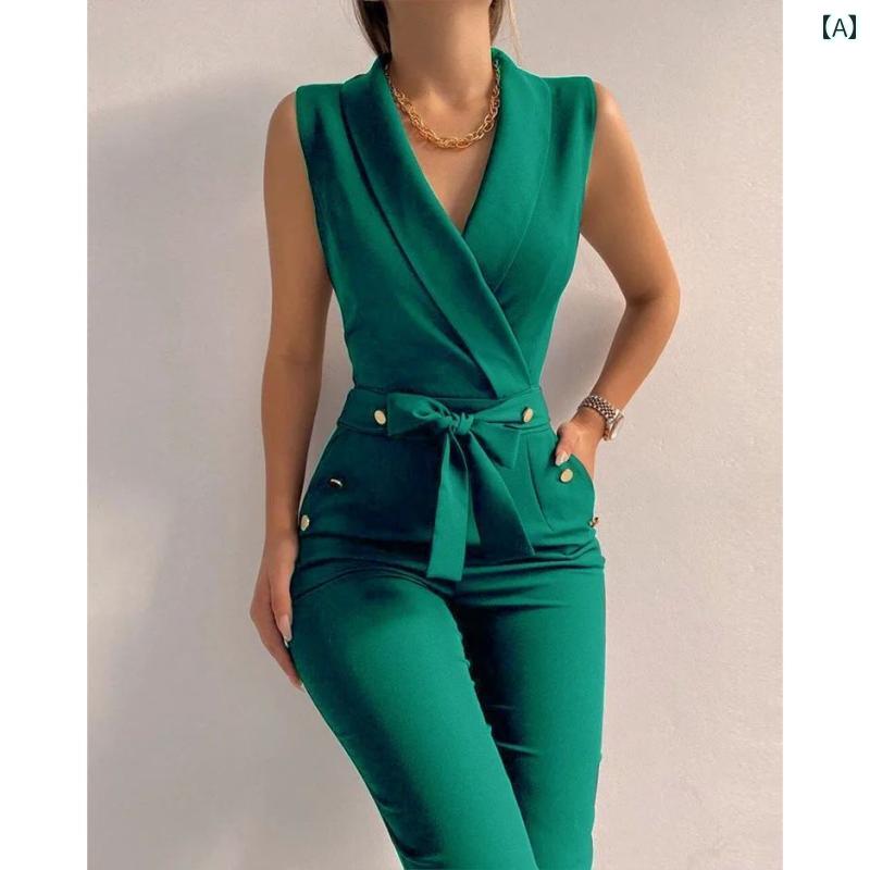 オールインワン ジャンプスーツ レディース Vネックノースリーブ スリムフィット エレガント きれいめ カジュアル 大人 デイリー グリーン ブラック ブルー レッド