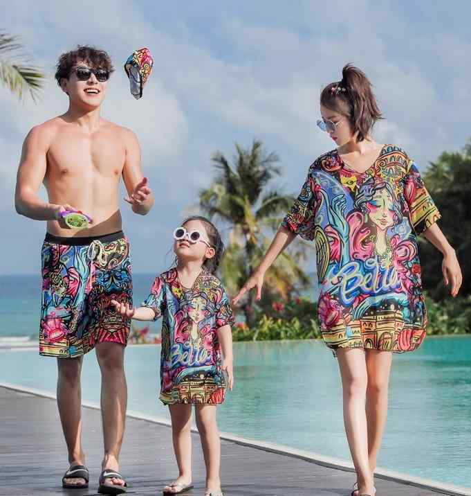 水着 家族お揃い スリーピース セパレート カラフル ハーフパンツ 3点セット 絵画風 日焼け防止 大きい..