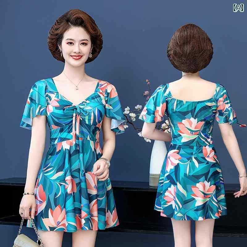 体型カバー 水着 中年 母親 レディース ママ ファッション スイムウエア ウエストカバー 着痩せ 温泉 プール ビーチ ゆったり 大きいサイズ ツーピース エレガント リラクシング