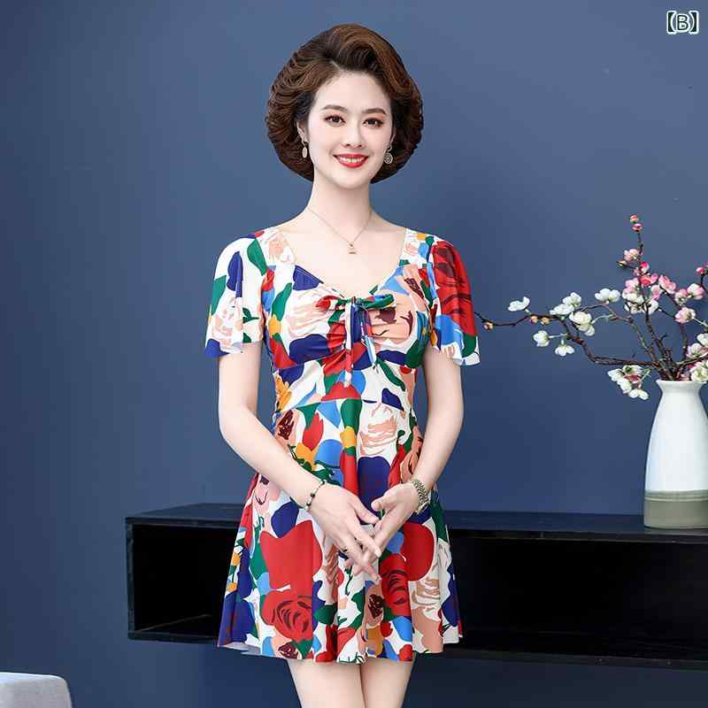 体型カバー 水着 中年 母親 レディース ママ ファッション スイムウエア ウエストカバー 着痩せ 温泉 プール ビーチ ゆったり 大きいサイズ ツーピース エレガント リラクシング