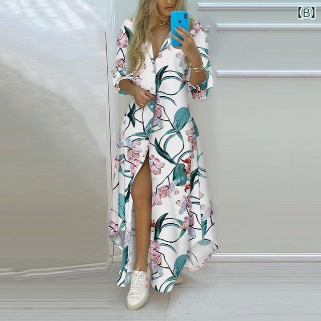 襟付き 長袖 ドレス レディース ゆったり マキシドレス シャツワンピース ロングドレス カジュアル レジャー リゾート 休日 バカンス フェミニン ソフト シンプル エキゾチック