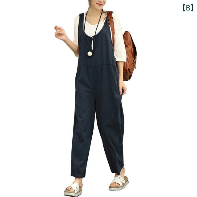 ジャンプスーツ レディース ノースリーブ リラックス ゆったり ナチュラル フェミニン ルーズフィット ボヘミアン ブラック ブルー グレー