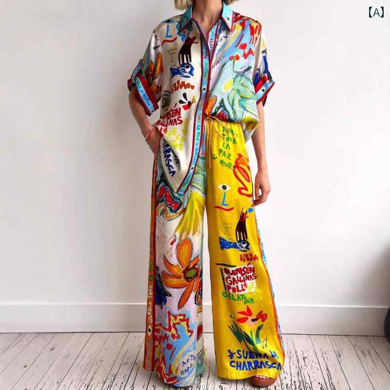 レディース 欧米風 ファッション 個性 プリント 半袖 シャツ トップス パンツ レジャー カジュアル 通気性 派手 カラフル