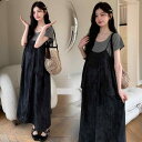 レディース 妊婦 マタニティウェア 夏 ハイエンド グラデーション サスペンダー ワンピース 重ね着 セット