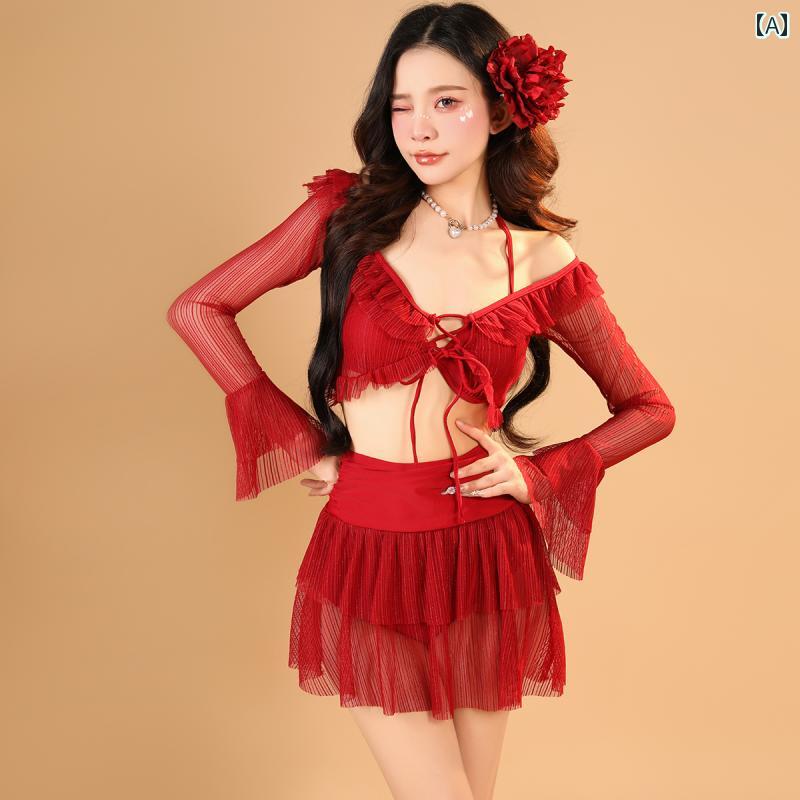水着 レディース 女性用 ビキニ スカート セパレート 赤 フレア レース フリル 無地 胸パッド ワイヤー セットアップ 長袖ボレロ Vネック セクシー