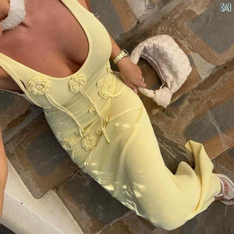 カバーアップ 女性 ワンピース ドレス 魅惑的 休暇 ビーチ ビキニ シャツ 水着 カバー ニット フラワー バック レス ロング スカート エレガント