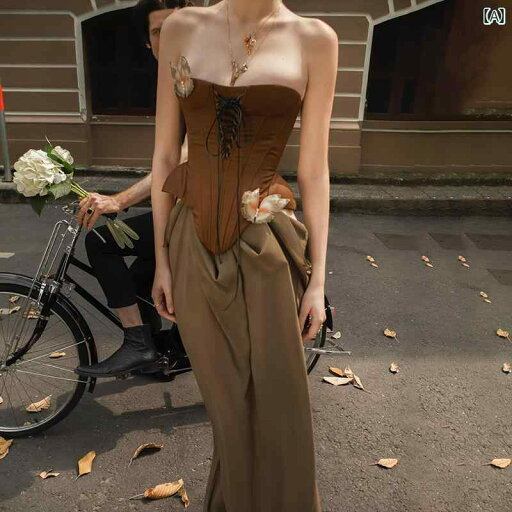 ワンピース 大人 レディース メイラード 花 飾り チューブ トップ ドレス 女性 春 レトロ セクシー スリム ロング スカート ワンピース 大人 レディース メイラード 花 飾り チューブ トップ ドレス 女性 春 レトロ セクシー スリム ロング スカート