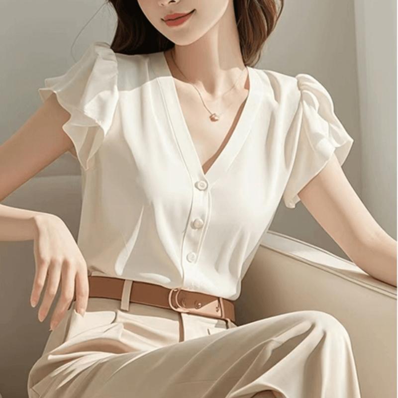 レディース 無地 Vネック 半袖 シャツ 夏 シンプル 通勤 快適 シフォン トップス おしゃれ 万能