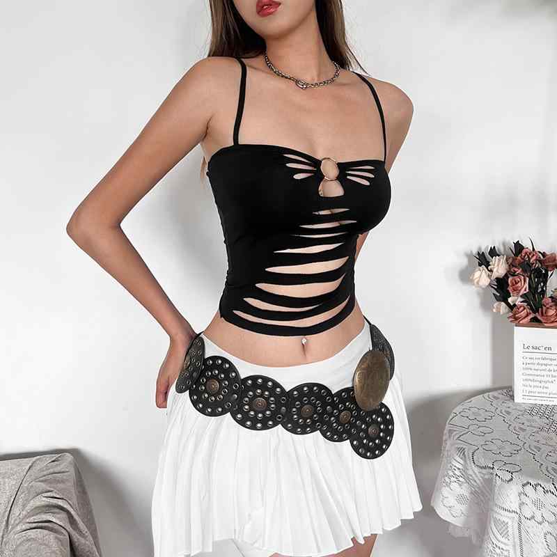 レディース ファッション インス アメリカンスタイル 魅惑的 穴 ショート トップス ソリッドカラー タイト モード キャミソール ノースリーブ