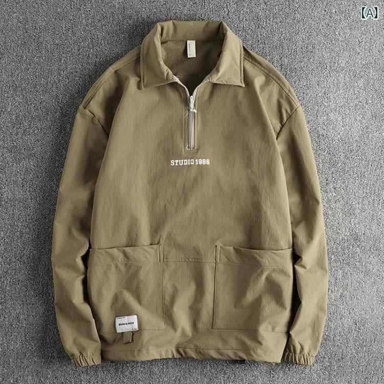 ポロシャツ メンズ カジュアル アメリカン レトロ ハーフ ジップ 長袖 アウトドア 速乾 ジャケット トレーナー ジャケット