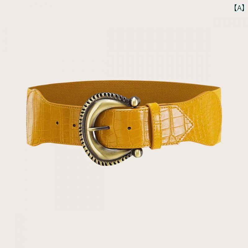 ベルト レディース カジュアル おしゃれ イエロー ブロンズ レトロ クロコダイル柄 弾性 コート ワイド ガードル アメリカ デイリーユ..