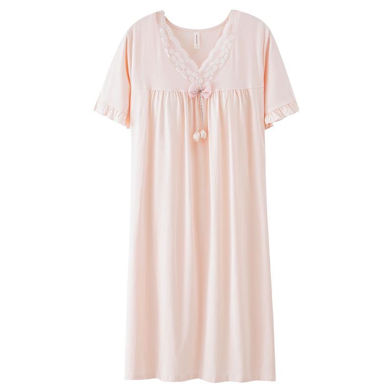 ネグリジェ 夏 薄手 レディース 胸パッド付き ルームウェア 半袖 ミドル丈 スカート ゆったり Vネック ナイトウェア レース リボン フェミニン 大人かわいい リラックス