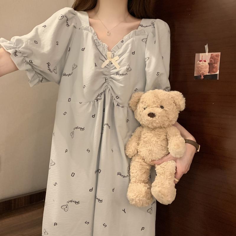 ネグリジェ パジャマ プリント フリル ナイトウェア 半袖 プルオーバー Vネック 胸パッド付 ミドル丈 ワンピース カジュアル ゆったり 甘くて キュート プリンセス ドレス 夏 レディース 軽量 ソフト 部屋着