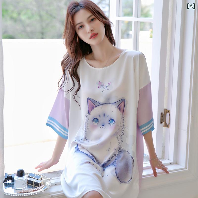 パジャマ 冷感 プリント ナイトウェア 半袖 シングルブレスト プルオーバー ミモレ丈 カジュアル 快適 薄手 大きいサイズ ゆったり 妊婦 シャツ ドレス 春夏 レディース 軽量 ソフト 部屋着