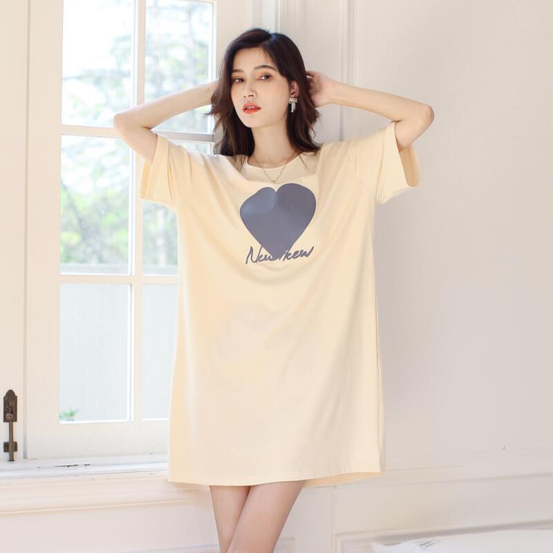 パジャマ コットン プリント ナイトウェア 半袖 プルオーバー ラウンドネック ミドル丈 カジュアル 高級 薄手 大きいサイズ 妊婦 シャツ ドレス 春夏 レディース 女性 軽量 ソフト 部屋着