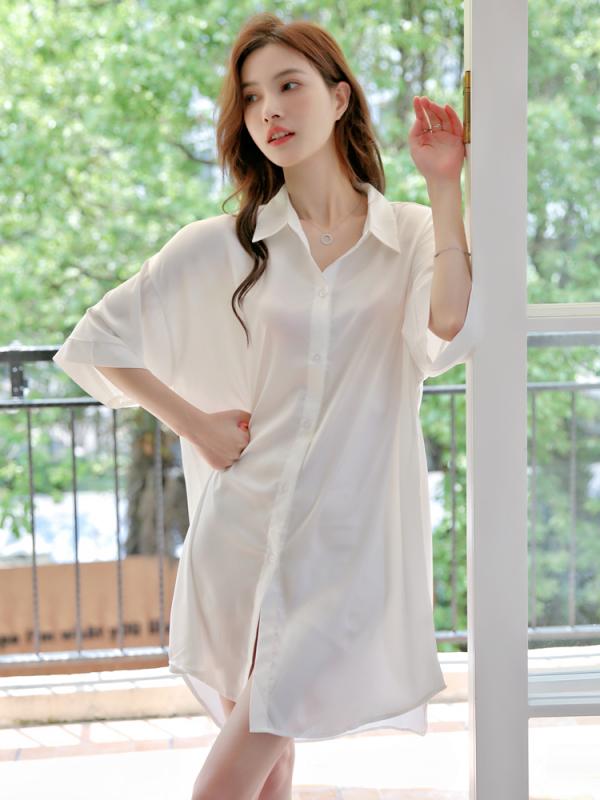 パジャマ 冷感 無地 ナイトウェア 半袖 シングルブレスト ラペル ミドル丈 カジュアル 薄手 ハイエンド ルーズ セクシー シャツ ドレス 夏 レディース 女性 軽量 ソフト 部屋着 おしゃれ