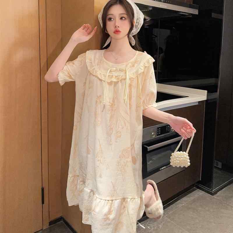 ネグリジェ パジャマ プリント フリル ナイトウェア 半袖 プルオーバー ラウンドネック ミドル丈 中国結び ワンピース カジュアル チャイナ風 ドレス 春夏 レディース 軽量 ソフト 部屋着 リラックス