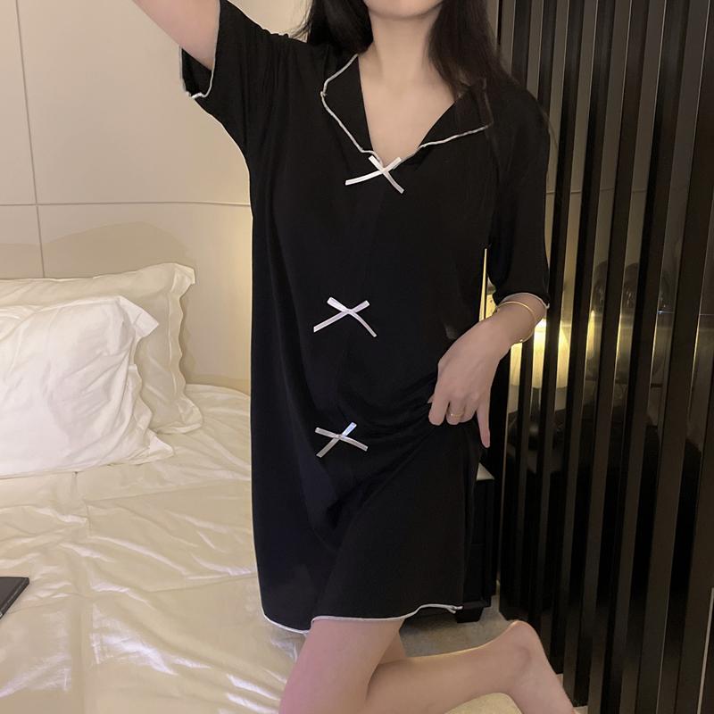 パジャマ モダール 無地 フリル リボン ナイトウェア 半袖 Vネック 胸パッド ミディアム丈 ワンピース カジュアル 快適 セクシー シャツ ドレス 夏 レディース 女性 軽量 ソフト 部屋着