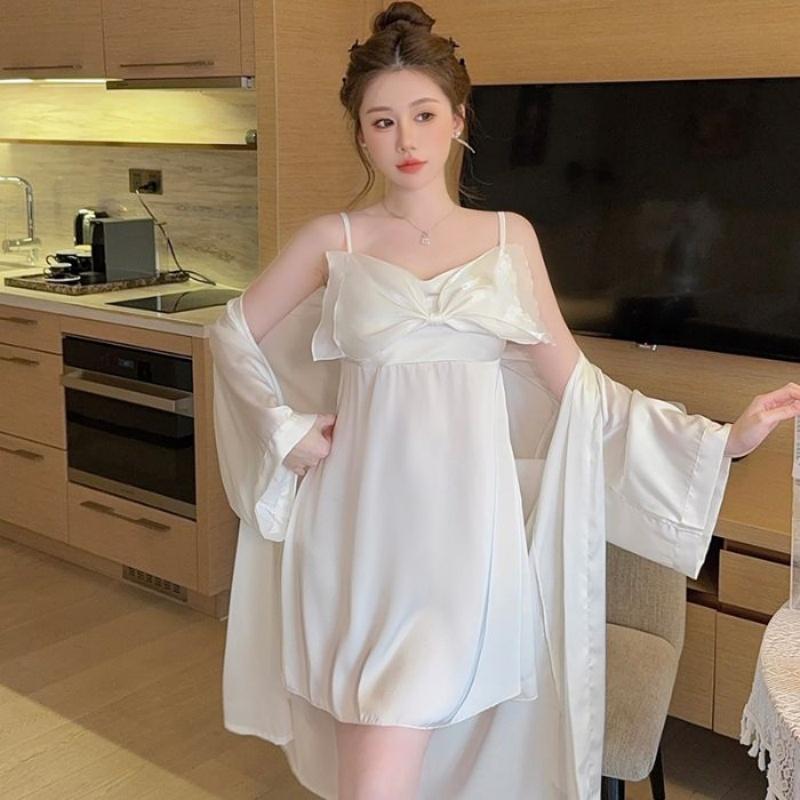 パジャマ 冷感 無地 レース スイート リボン ナイトウェア ノースリーブ Vネック ショート丈 ローブ付 ..