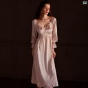 ネグリジェ パジャマ シルク レース フリル ナイトウェア 長袖 プルオーバー Vネック ロング丈 胸パッド付 カジュアル ハイエンド 魅惑的 ドレス 春秋 レ...