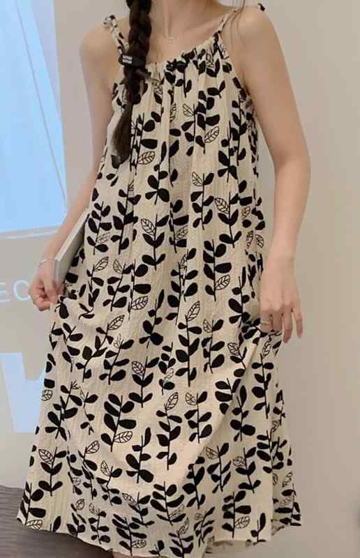 ネグリジェ パジャマ コットン プリント ナイトウェア ノースリーブ サスペンダー ラウンドネック ミドル丈 胸パッド付 カジュアル レトロ ドレス 大きめサイズ 薄手 夏 女性 軽量 ソフト 部屋着