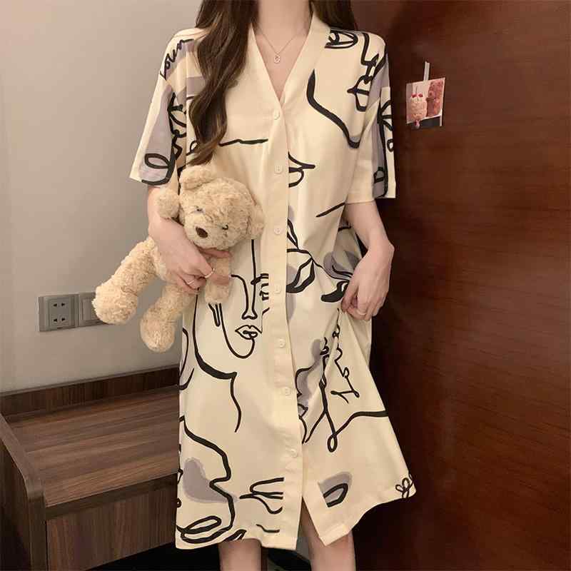 ネグリジェ パジャマ コットン プリント ナイトウェア 半袖 シングルブレスト Vネック ミドル丈 胸パッド付 カジュアル 高級 マタニティ カーディガン 夏 レディース 軽量 ソフト 部屋着 リラックス