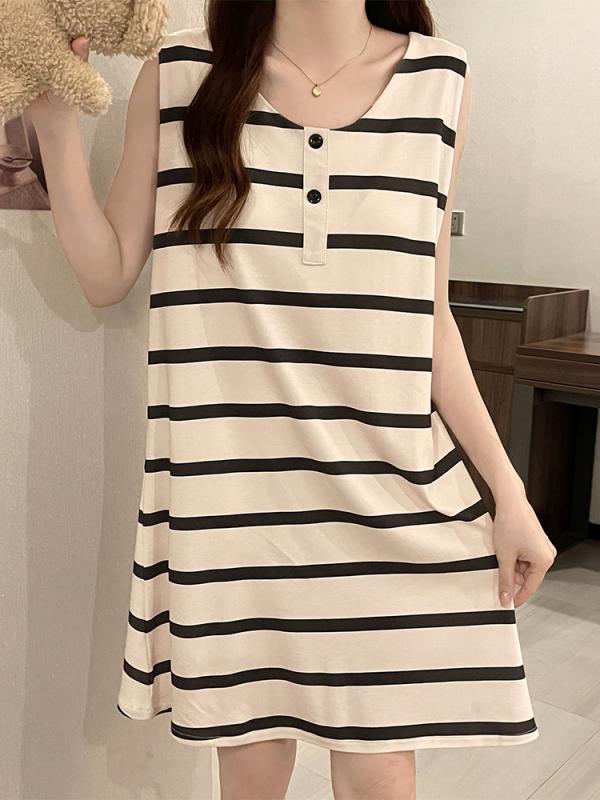 ネグリジェ パジャマ コットン ストライプ ナイトウェア ノースリーブ プルオーバー ラウンドネック ミ..