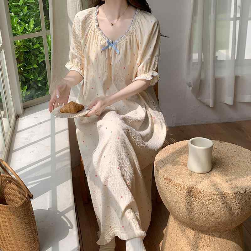 部屋着 サマードレス 胸パッド マタニティードレス ネグリジェ パジャマ 半袖 五分袖 ロング丈 花柄 ドット リボン フリル ゆったり 韓国 夏 妊婦 シンプル