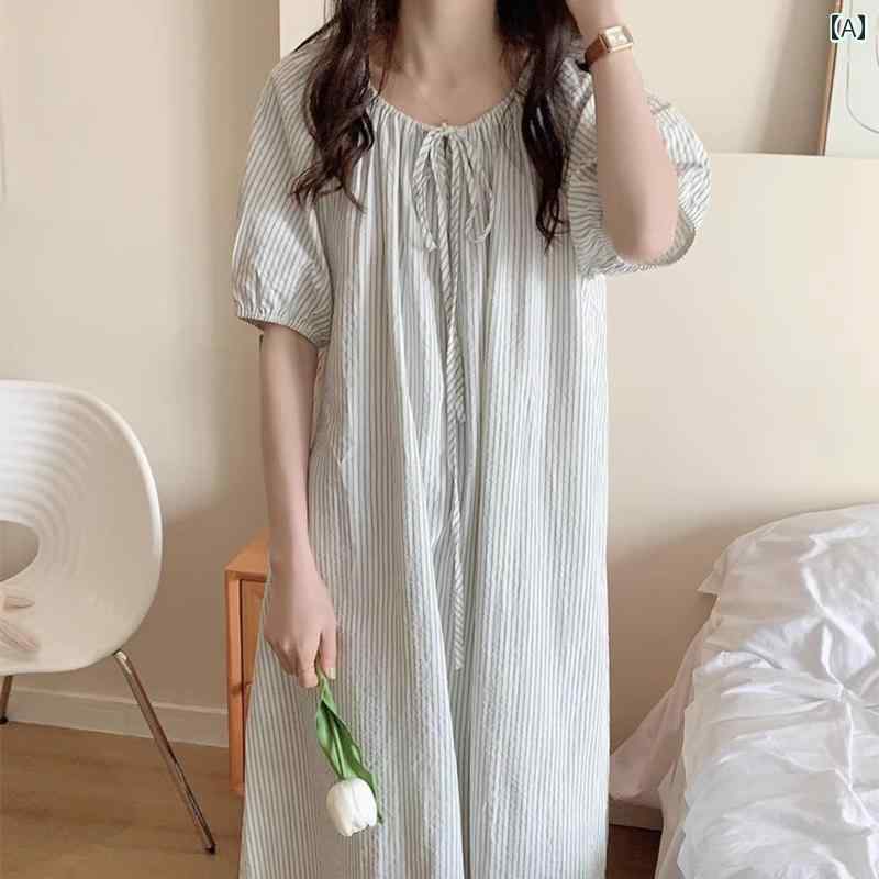 ネグリジェ 部屋着 パジャマ ワンピース ロング スカート ルームウェア 半袖 ストライプ レース フリル..