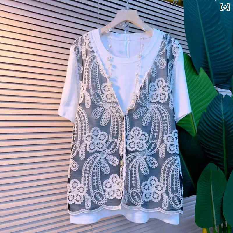 レディース 大きいサイズ 夏 ファッション コート 韓国 レース スプライス フェイクツーピース Tシャツ 万能 トップス