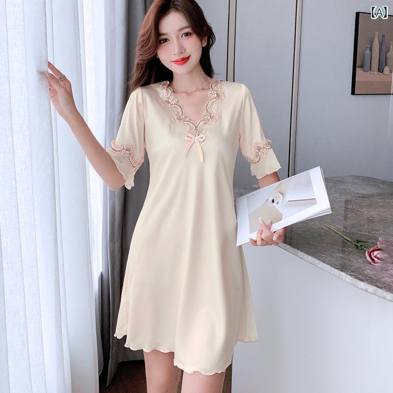 ネグリジェ 冷感 レディース ナイトウェア Vネック フェミニン 半袖 薄手 春夏 リボン 刺繍 シルク ホームウェア 大人っぽい リラックスタイム パジャマパーティー