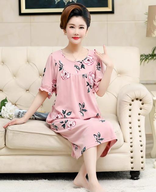 ネグリジェ 母親 ナイトウェア レディース 花柄 夏 半袖 パジャマ ラウンドネック ゆったり 大きいサイズ ミディアム丈 ワンピース フェミニン フローラル