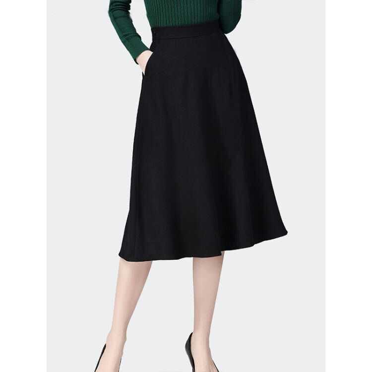 レディース ハイウエスト 大きいサイズ ミディアム丈 Aライン スカート シンプル シック 快適 万能 おしゃれ 薄手 ボトムス(4)