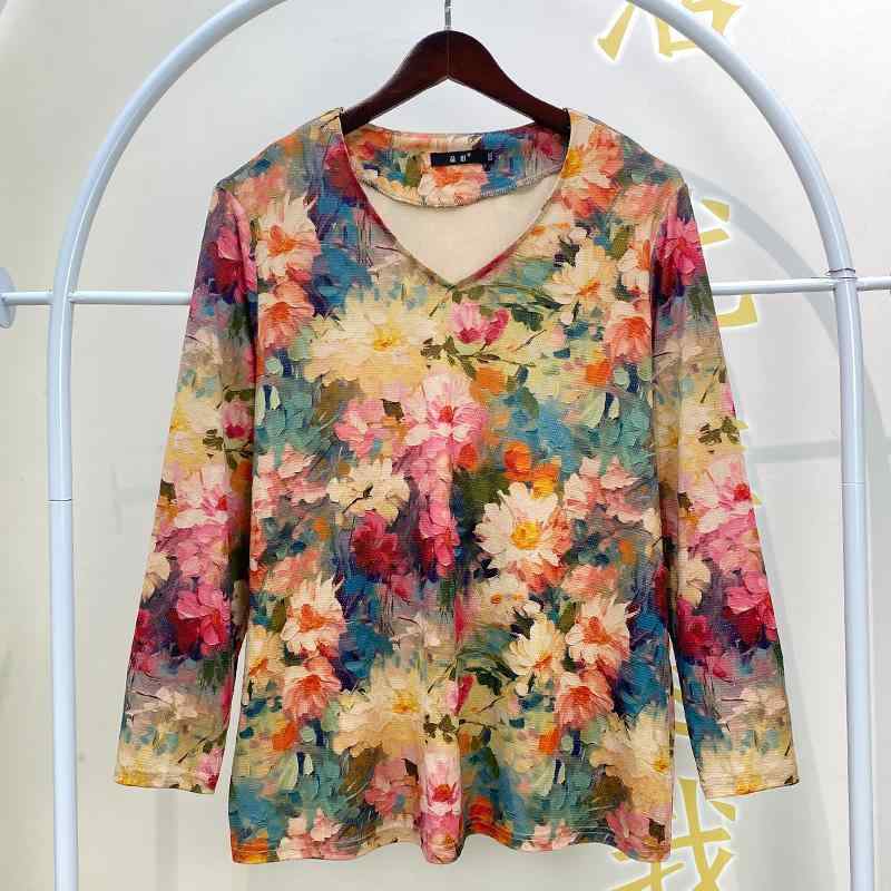 レディース 春秋 ファッション 花柄 Tシャツ 長袖 大きい サイズ トップス 中年 婦人服 カジュアル おしゃれ 快適 万能
