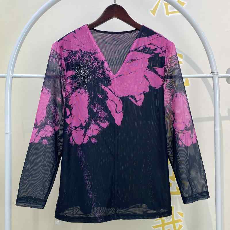 シャツ レディース 春秋 伸縮性がある メッシュ プリント トップス スタイリッシュ 万能 長袖 Vネック 大きいサイズ ゆったり 快適