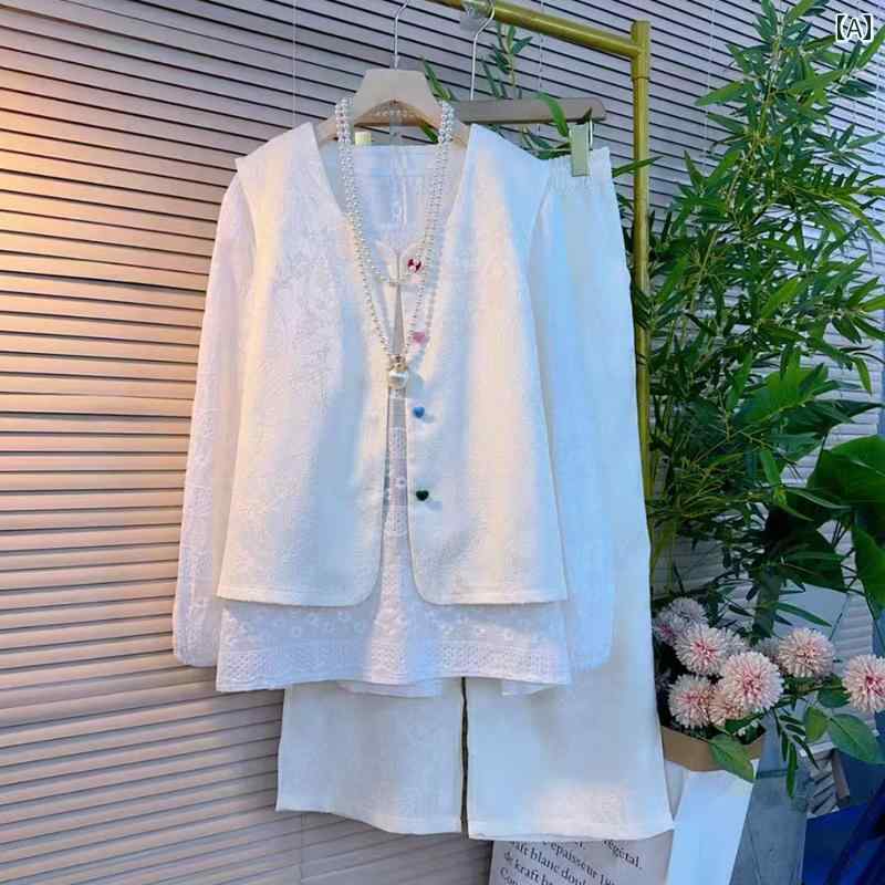 セットアップ レディース 大きいサイズ 春夏 ファッション 韓国 スーツ チャイナ風 ベスト ボトム コート ワイド レッグ パンツ