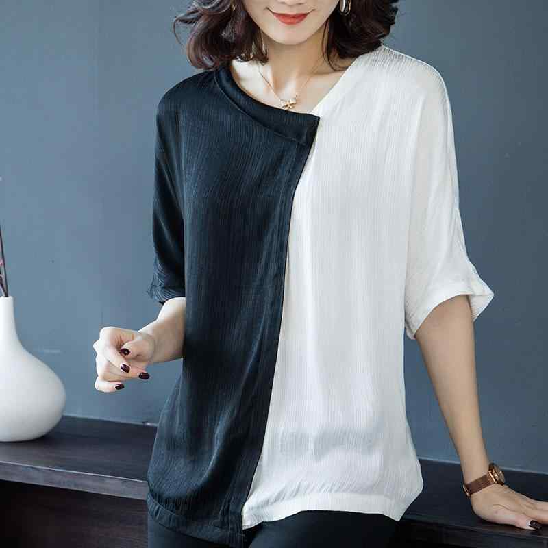 レディース 大きめ サイズ バイカラー トップス 夏用 半袖 ゆったり お腹カバー シフォン キレイ目 カジュアル