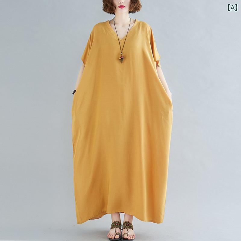 カフタン ワンピース 夏 大きめサイズ レディース Vネック コットン シルクタッチ 着やすい リラックス ドレープ ロングスカート 無地 マタニティ 妊婦 エレガント 無地 シンプル