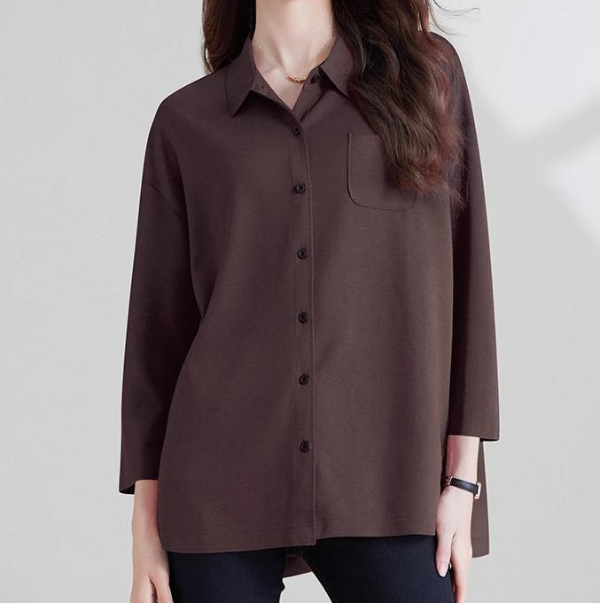 レディース シャツ 長袖 大きいサイズ ゆったり トップス 濃茶 黒 シャツ襟 シングルブレスト ポケット 無地 シンプル 薄手 通気性 リラクシング オフィス ディリー 快適