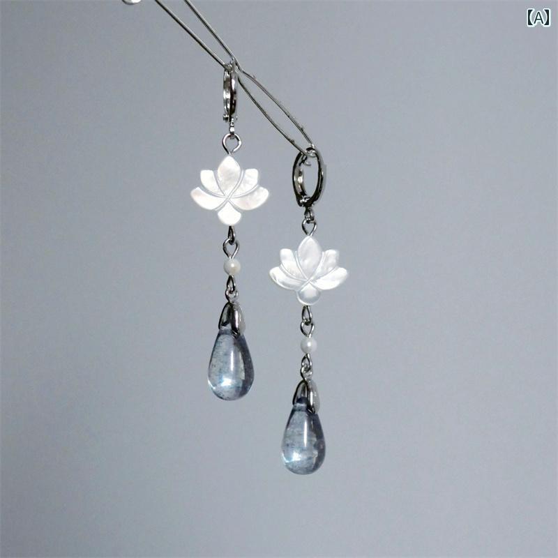 ピアス レディース アクセサリー イヤリング イヤークリップ 小物 華やか エレガント ホワイト ナチュラル 蓮 モチーフ 中国 禅 レトロ(4)