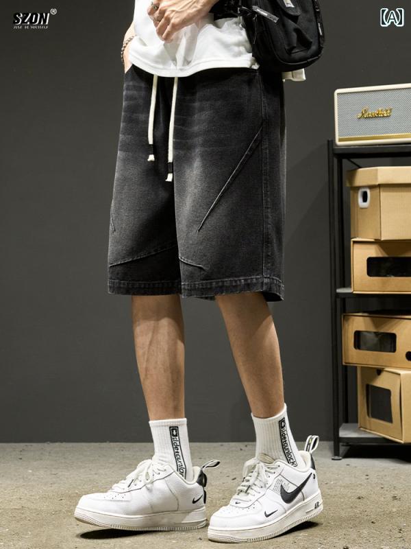 メンズ ショートパンツ デニム 夏 アメリカ カジュアル ゆったり 薄手 ヴィンテージ お洒落 ストリート ジーンズ ブラック ブルー