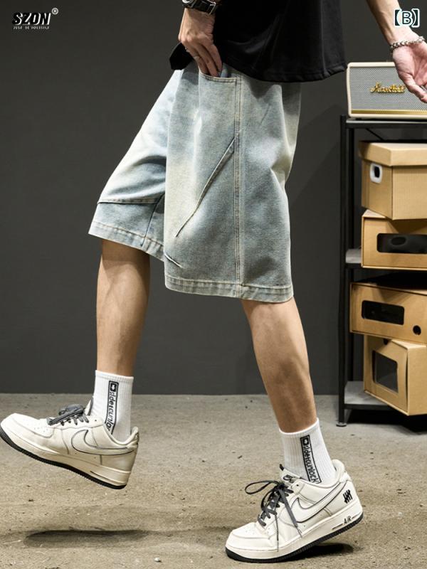 メンズ ショートパンツ デニム 夏 アメリカ カジュアル ゆったり 薄手 ヴィンテージ お洒落 ストリート ジーンズ ブラック ブルー