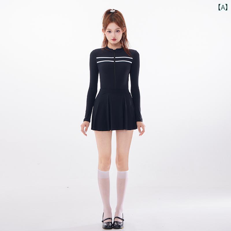 水着 ワンピース シンプル レディース 女性 ブラック シック 体系カバー スカート風 スタイリッシュ プール 半袖 長袖 スポーツ リゾート バカンス 日焼け防止