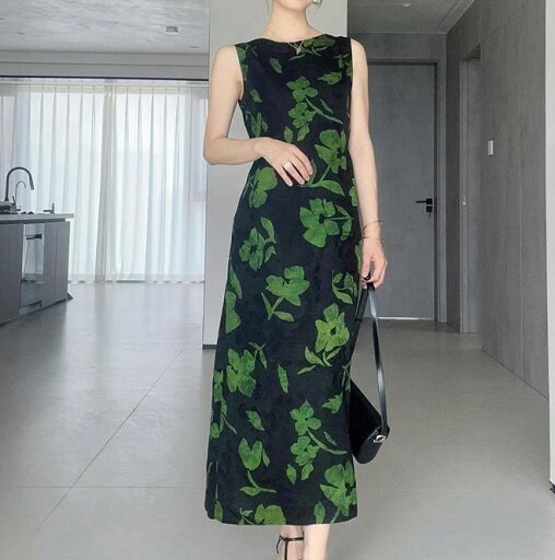 レディース ドレス ノースリーブ 袖なし ロング丈 マキシ丈 黒 緑プリント 花柄 フローラル 韓国スタイル フレア ラウンドネック ポリエステル フェミニン スタイリッシュ クラシック エレガント レディース ドレス ノースリーブ 袖なし ロング丈 マキシ丈 黒 緑プリント 花柄 フローラル 韓国スタイル フレア ラウンドネック ポリエステル フェミニン スタイリッシュ クラシック エレガント